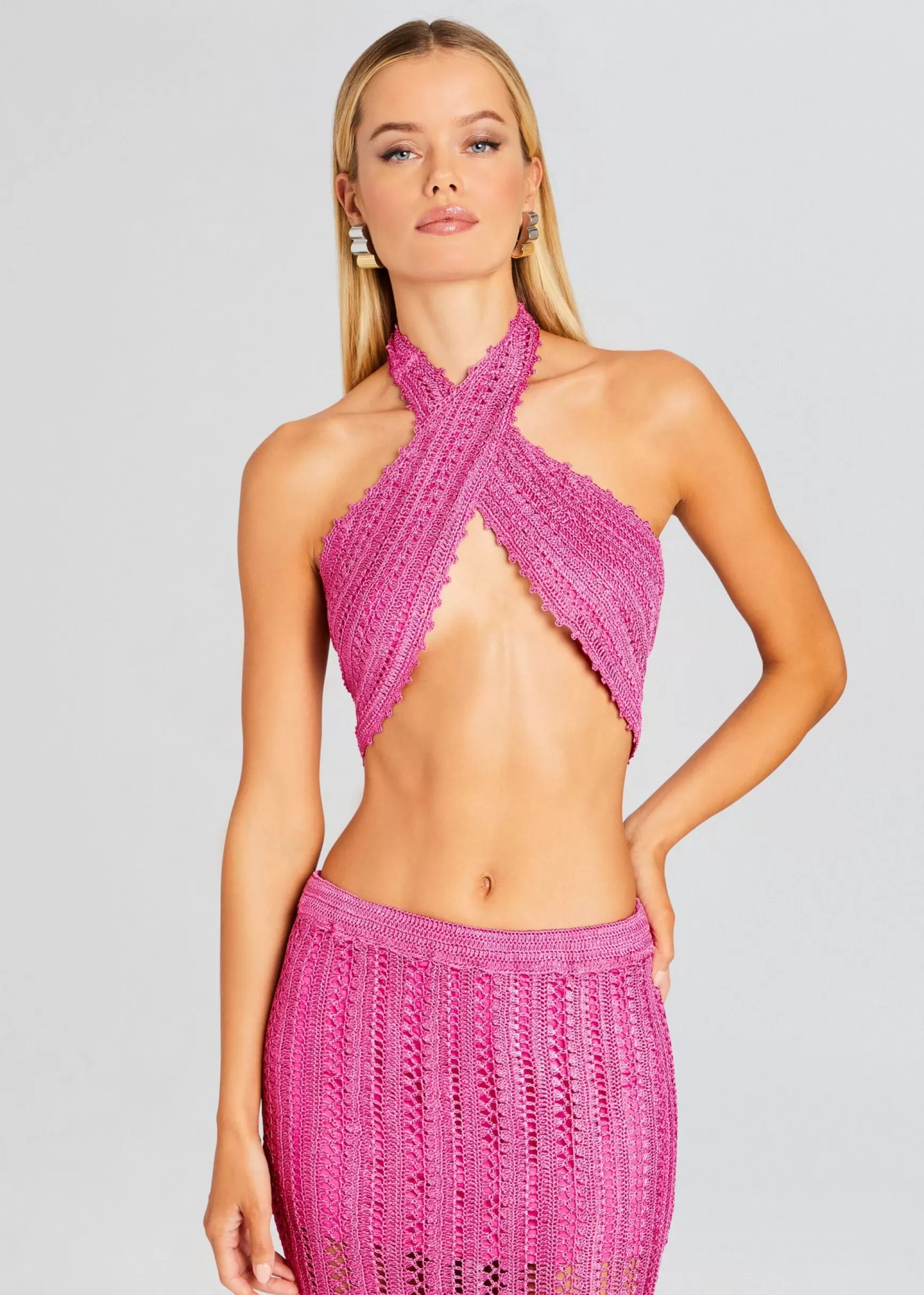 Spring Knits*Retrofete Susan Crochet Wrap Top Malibu Pink